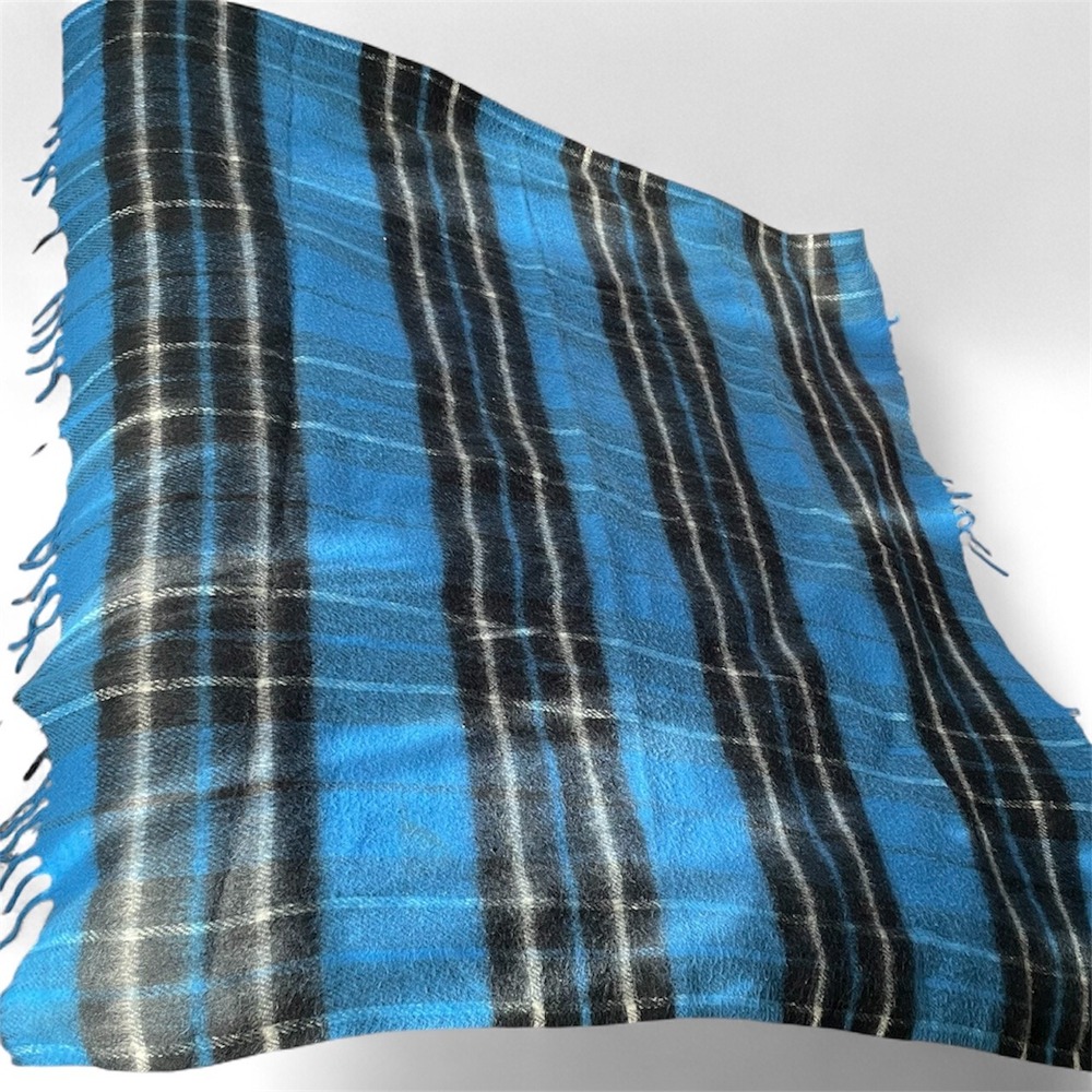 Fieldcrest 60s Acrylic tartan‎ Plaid Blanket blue black Fringe Throw 52"